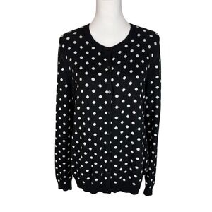 Ann Taylor Womens XL Black White Polka Dot Button Front Cardigan Sweater Cotton